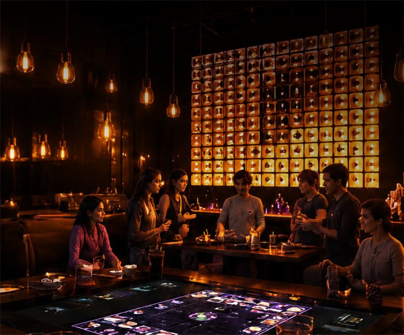 Groupe d'amis autour d'une table de jeu interactive sous des ampoules suspendues